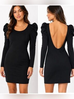 LPA | Black Deep Back Long Puff Sleeve Bodycon Mini Dress Sz. XS